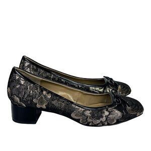 Bandolino Xylon Black + Gold Lace Brocade Ballet Shoes Block Heel Square Toe 7.5